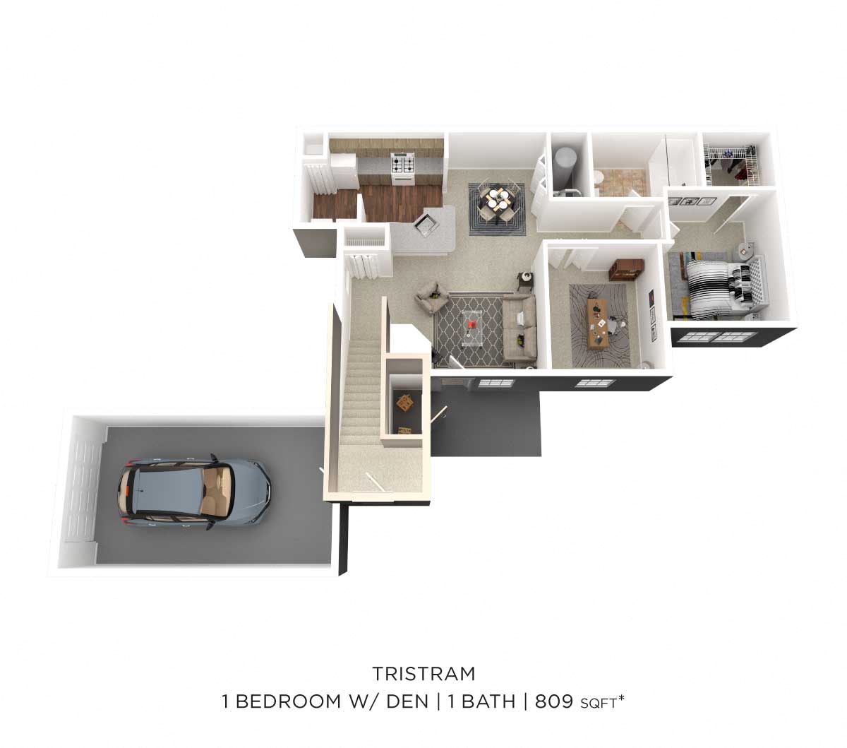 Floor plan for 1 bed, 1 bath, 809 sqft