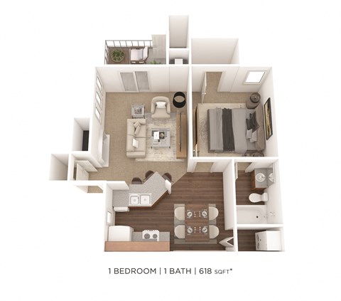 Floor plan for 1 bed, 1 bath, 618 sqft