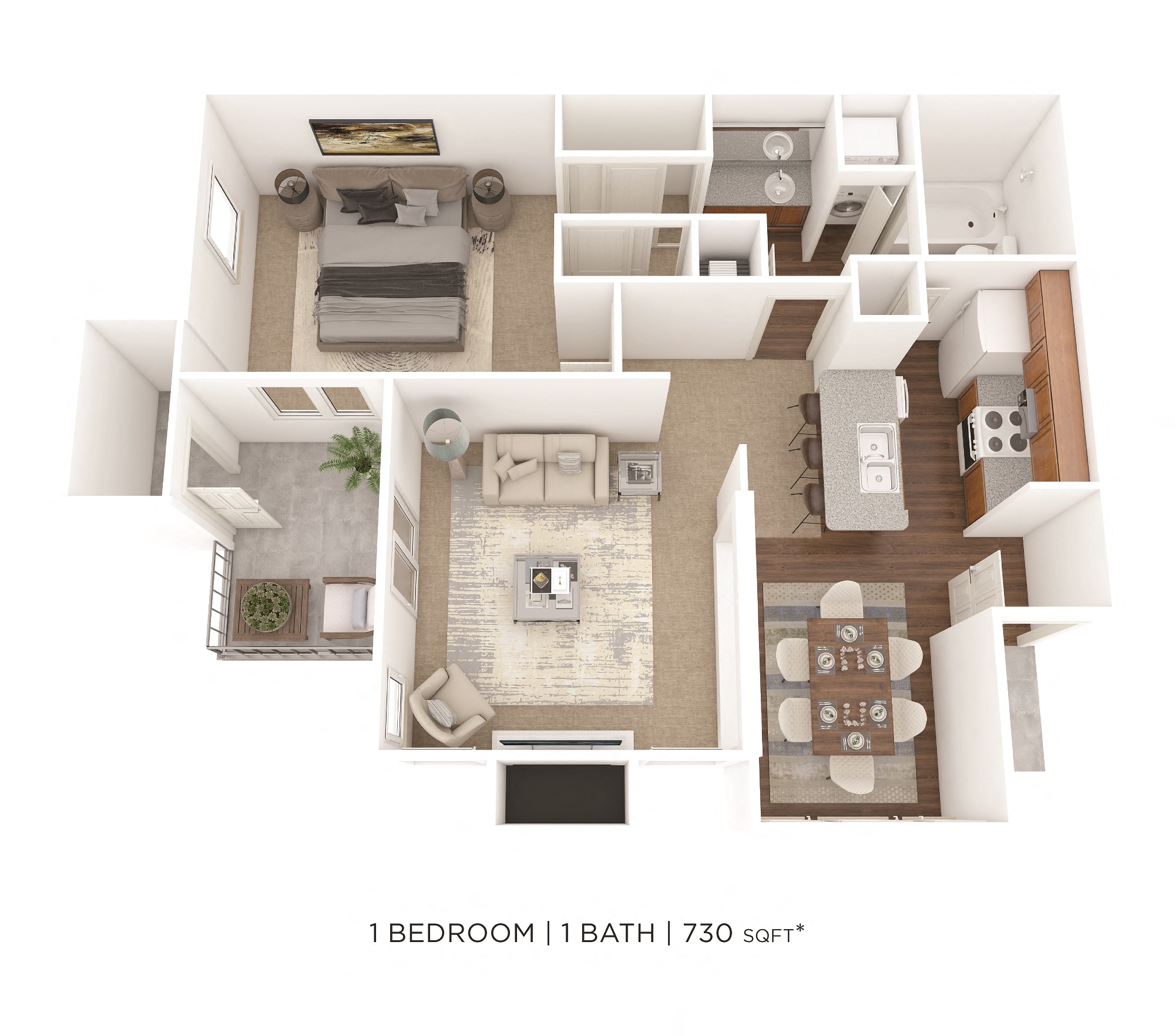Floor plan for 1 bed, 1 bath, 730 sqft