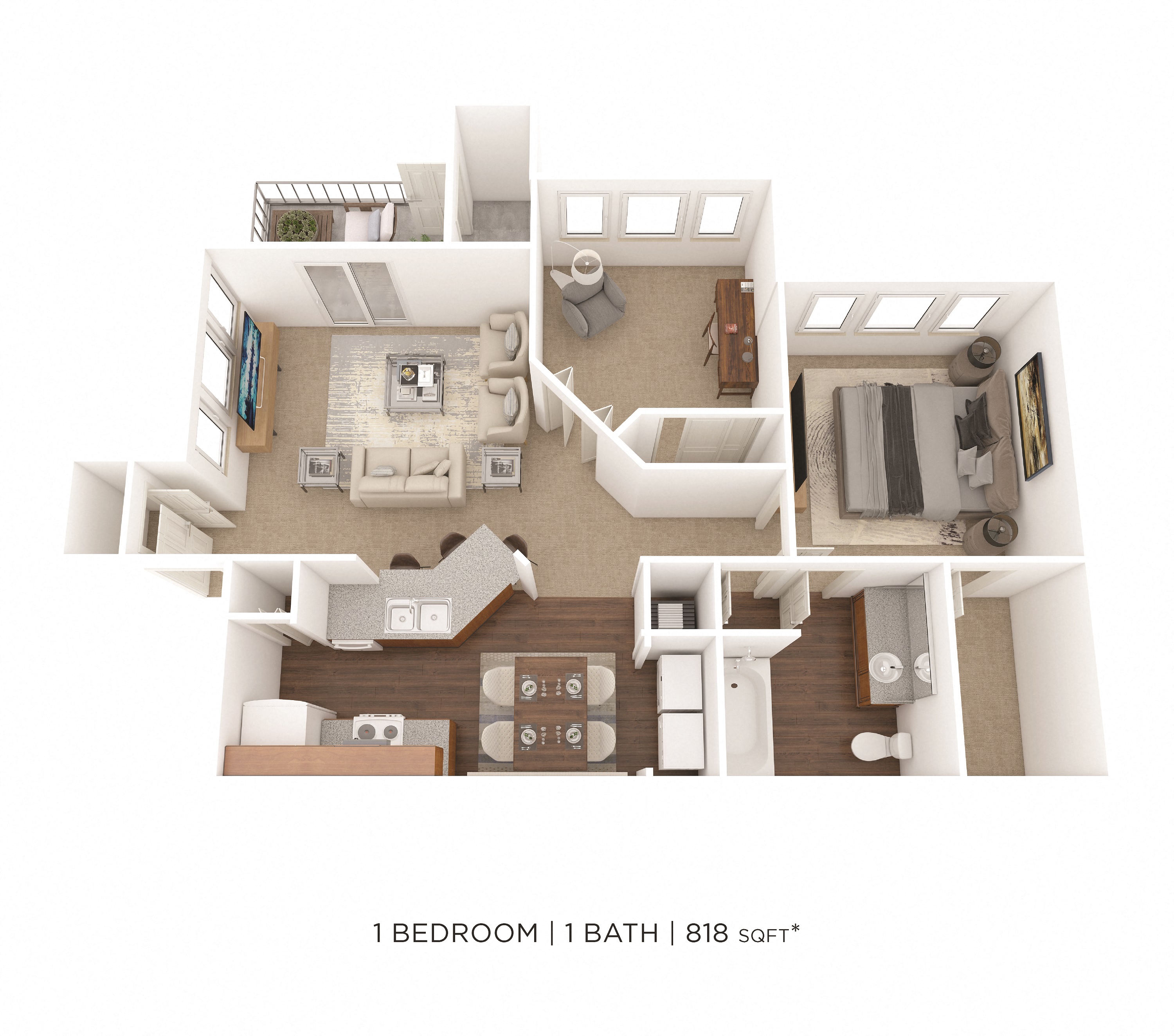Floor plan for 1 bed, 1 bath, 818 sqft
