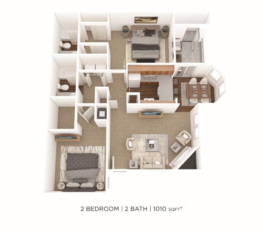Floor plan for 2 beds, 2 baths, 1010 sqft