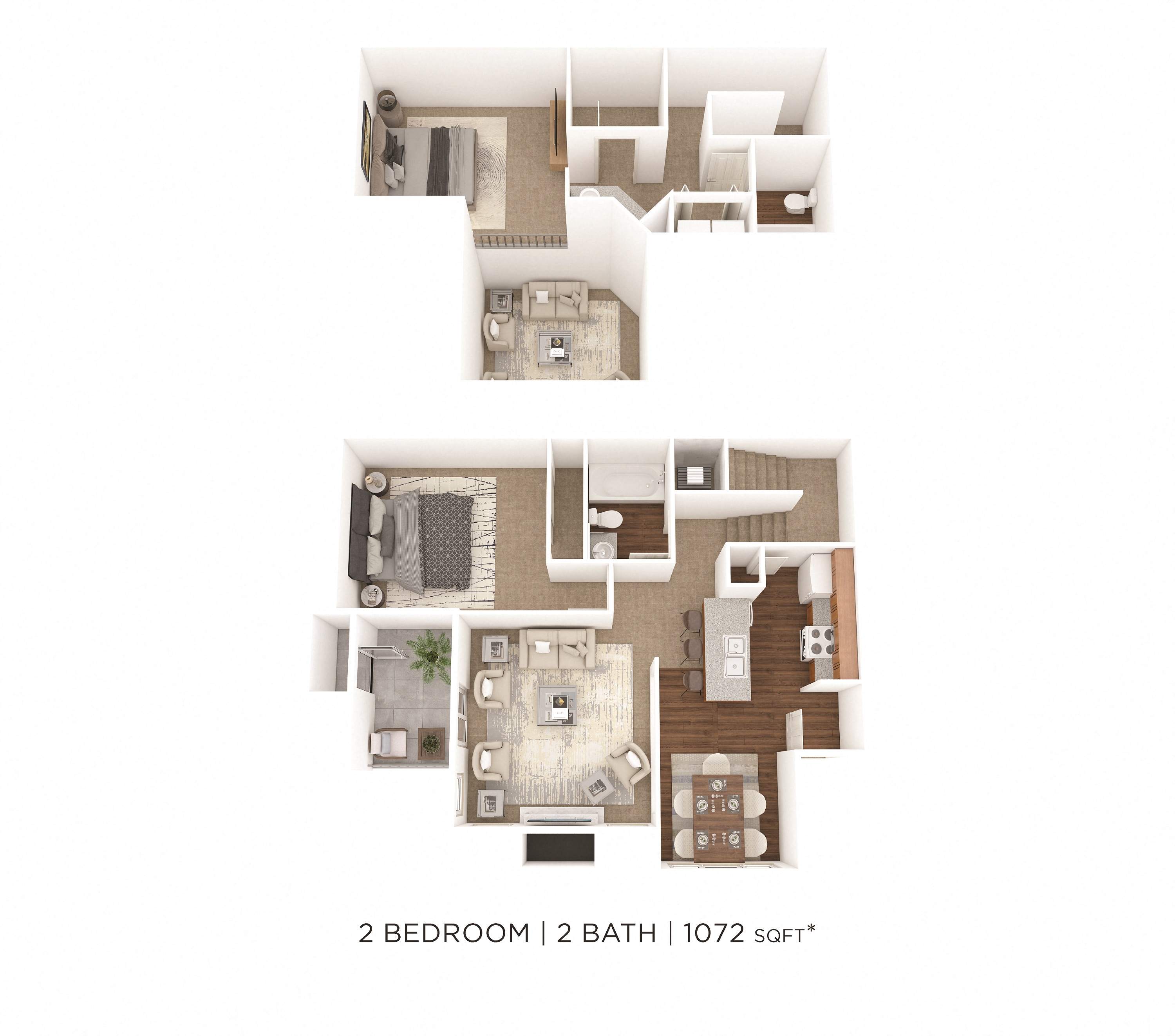 Floor plan for 2 beds, 2 baths, 1072 sqft