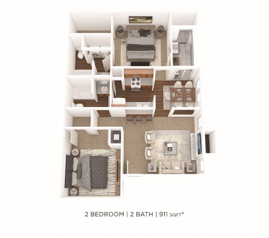 Floor plan for 2 beds, 2 baths, 911 sqft