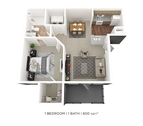 Floor plan for 1 bed, 1 bath, 600 sqft