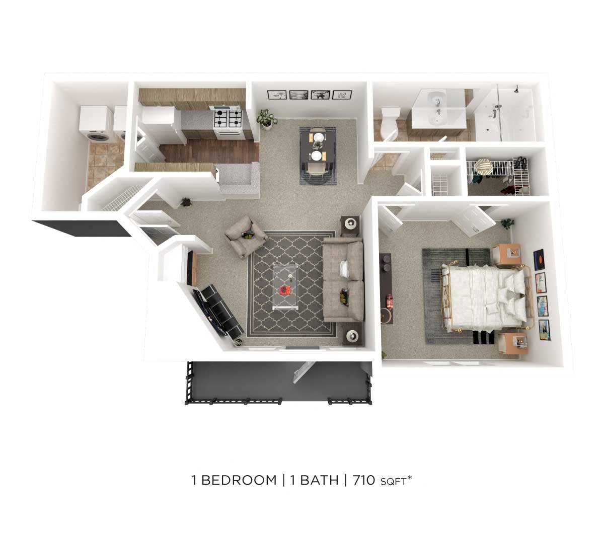 Floor plan for 1 bed, 1 bath, 710 sqft