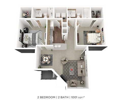 Floor plan for 2 beds, 2 baths, 1001 sqft