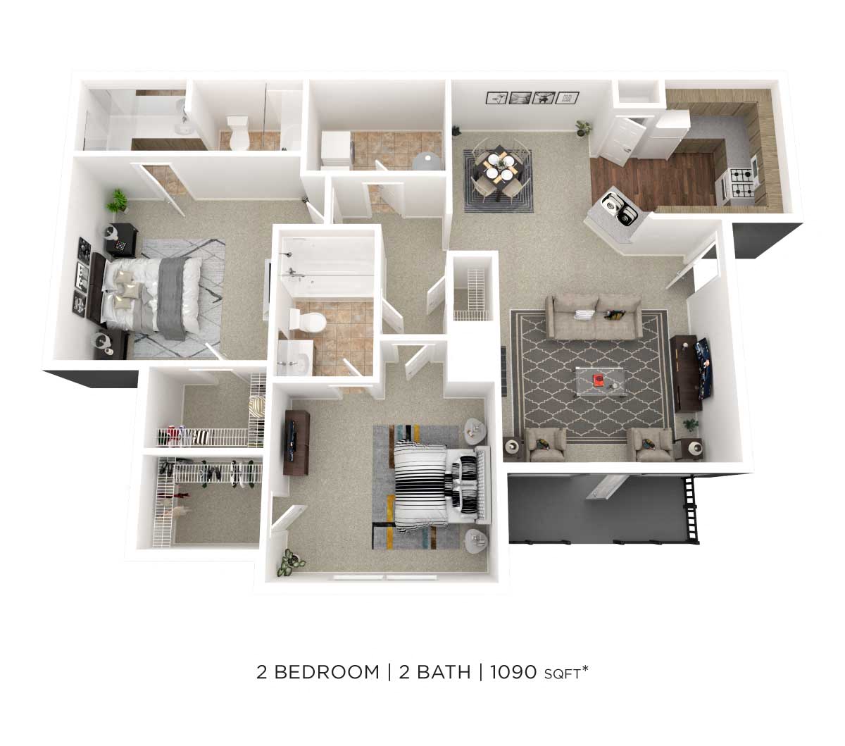 Floor plan for 2 beds, 2 baths, 1090 sqft