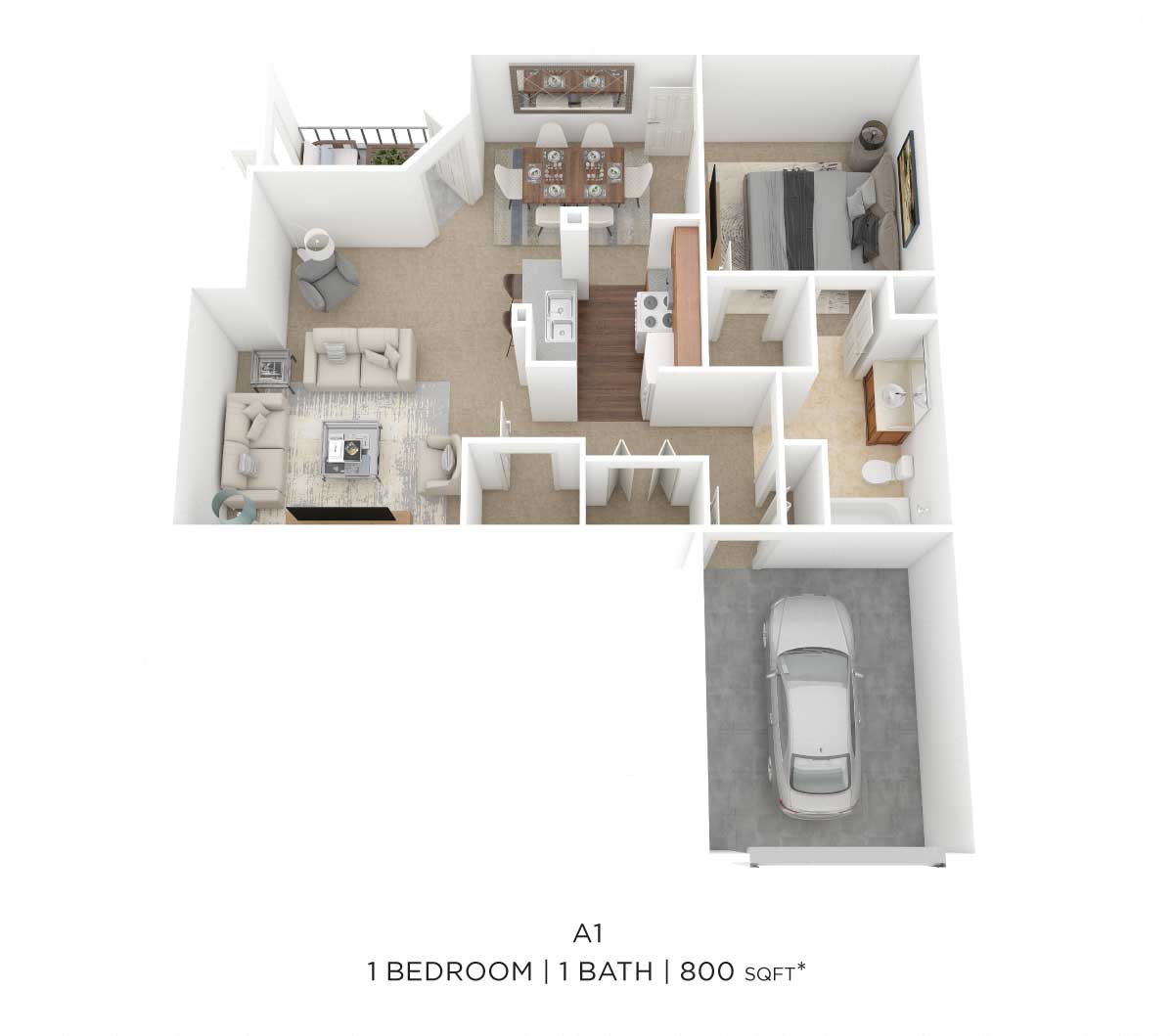 Floor plan for 1 bed, 1 bath, 800 sqft