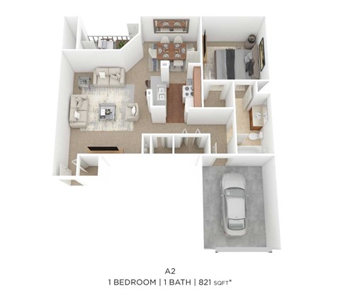 Floor plan for 1 bed, 1 bath, 821 sqft