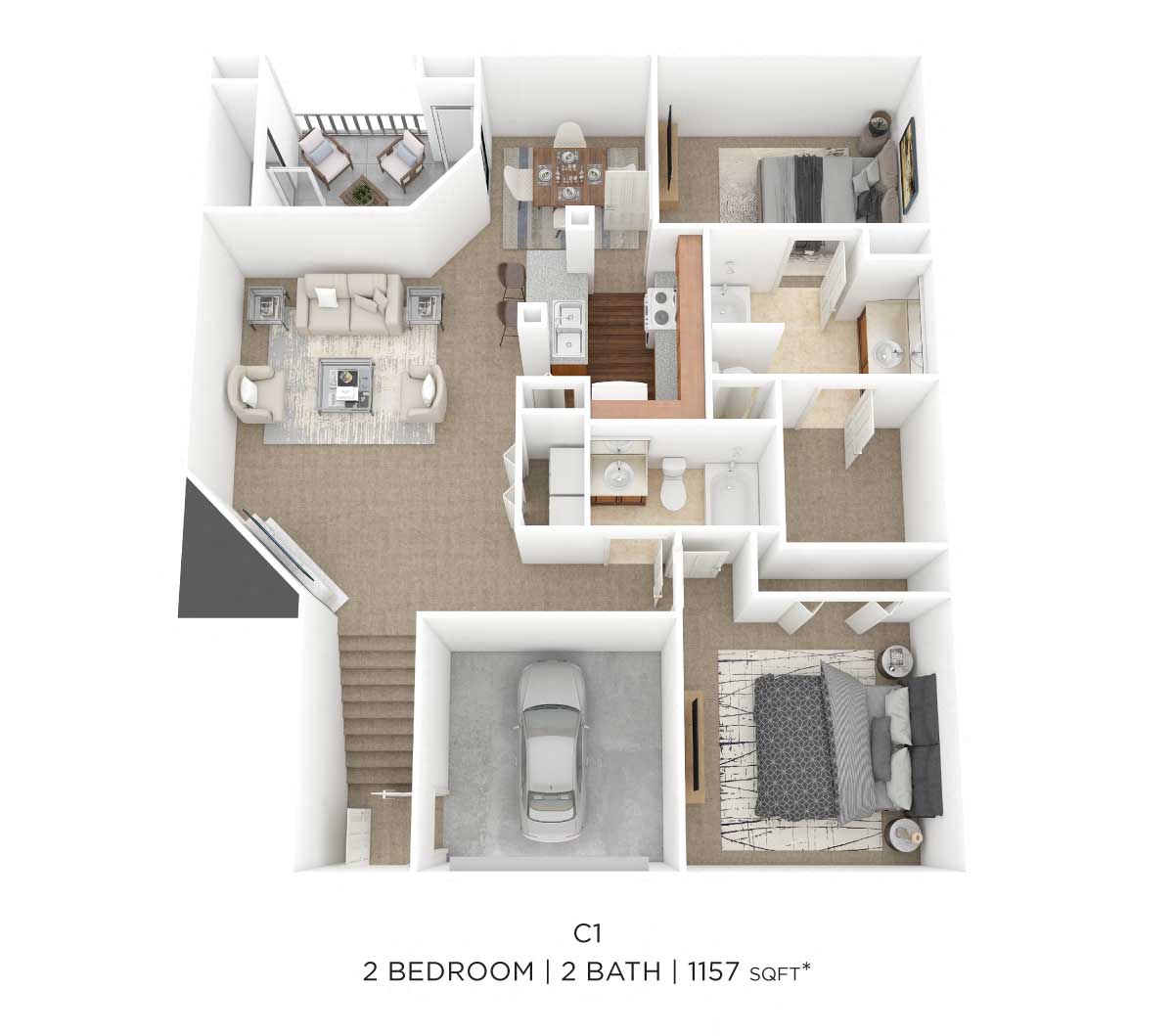 Floor plan for 2 beds, 2 baths, 1157 sqft