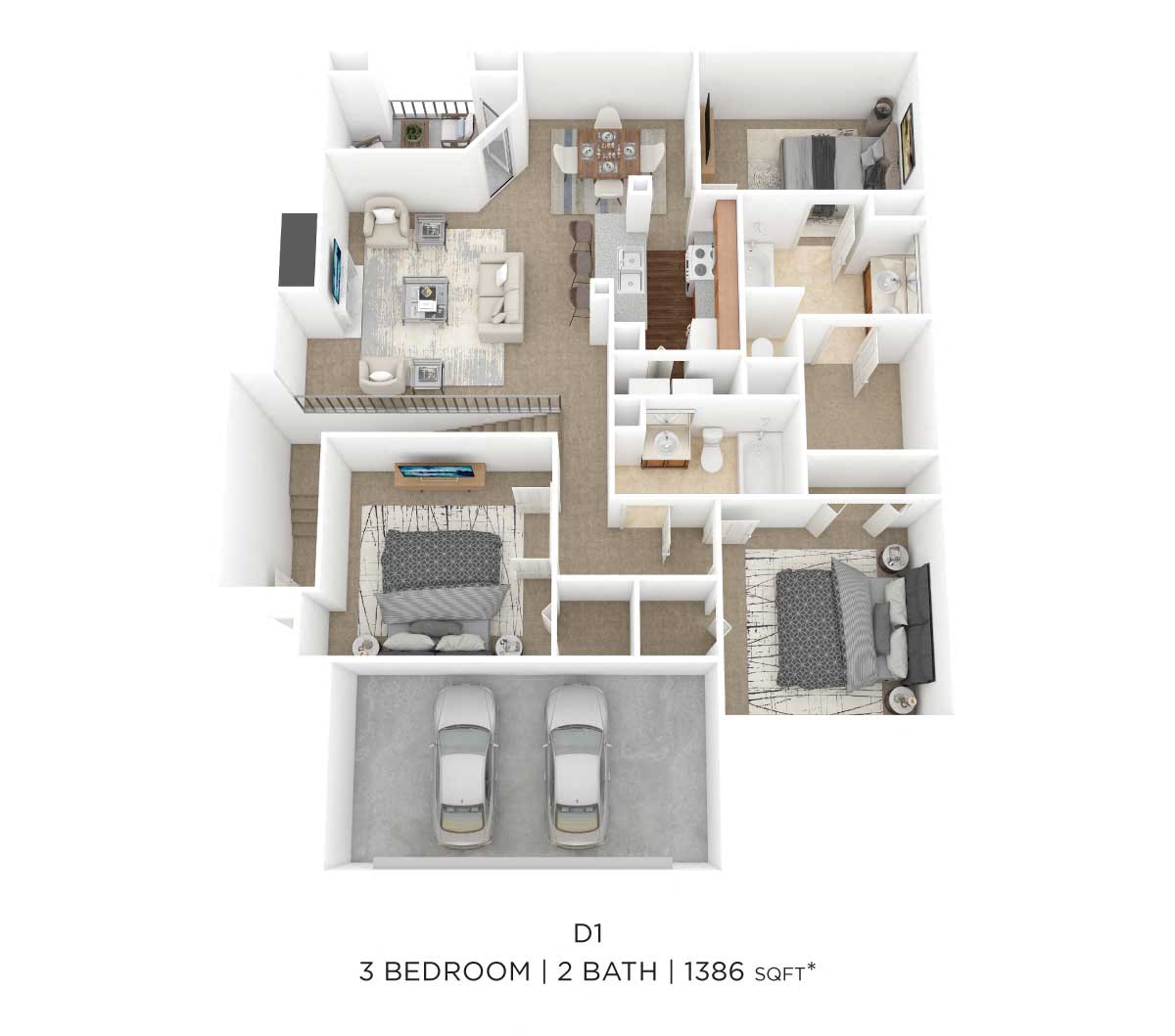 Floor plan for 3 beds, 2 baths, 1386 sqft