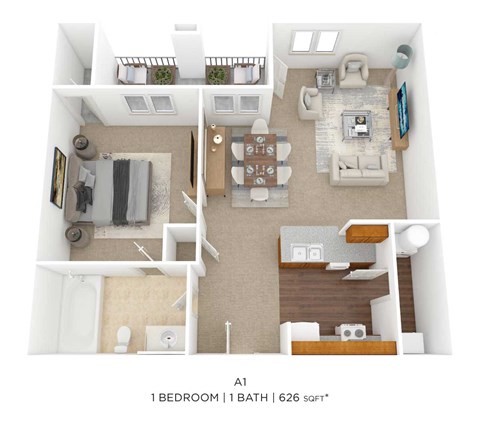 Floor plan for 1 bed, 1 bath, 718 sqft