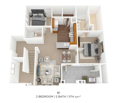 Floor plan for 2 beds, 2 baths, 1174 sqft
