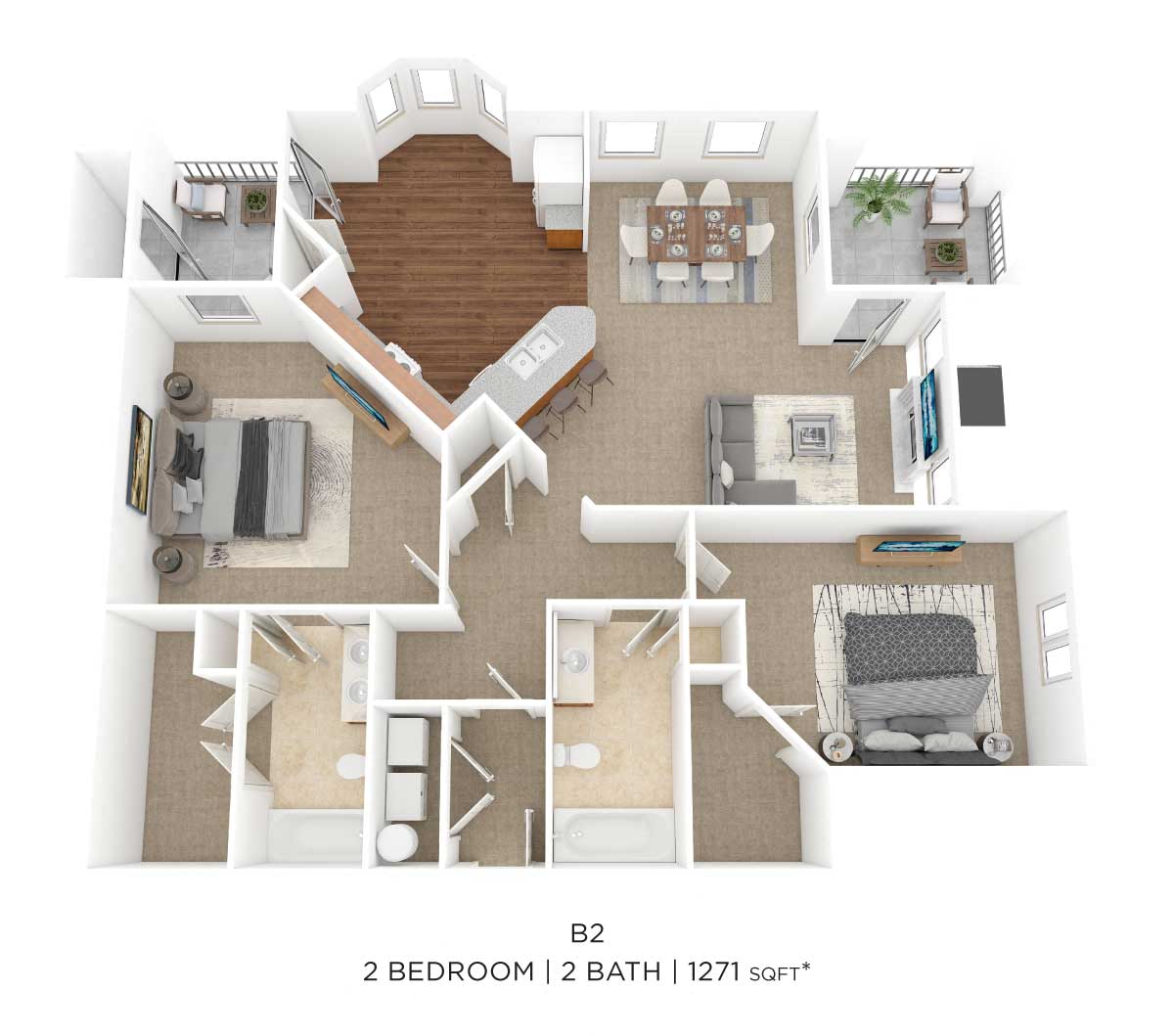 Floor plan for 2 beds, 2 baths, 1271 sqft