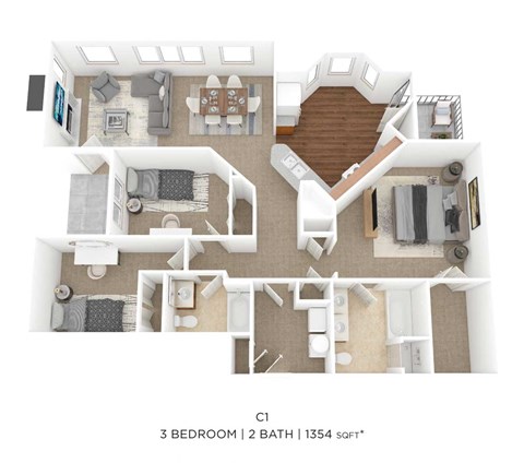 Floor plan for 3 beds, 2 baths, 1495 sqft