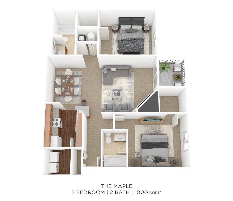 Floor plan for 2 beds, 2 baths, 1000 sqft