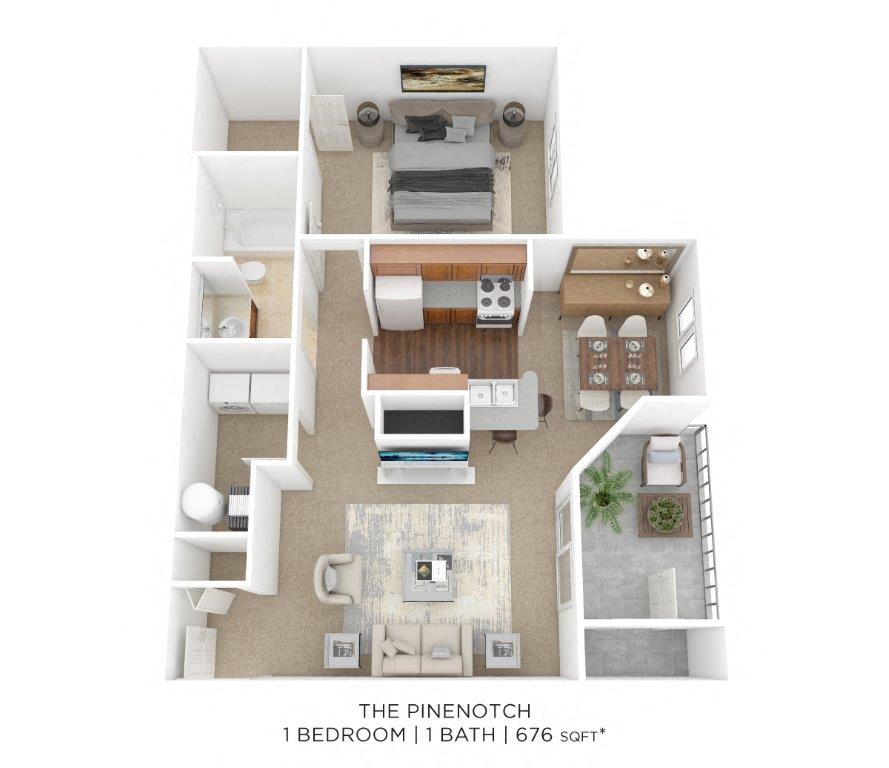 Floor plan for 1 bed, 1 bath, 676 sqft