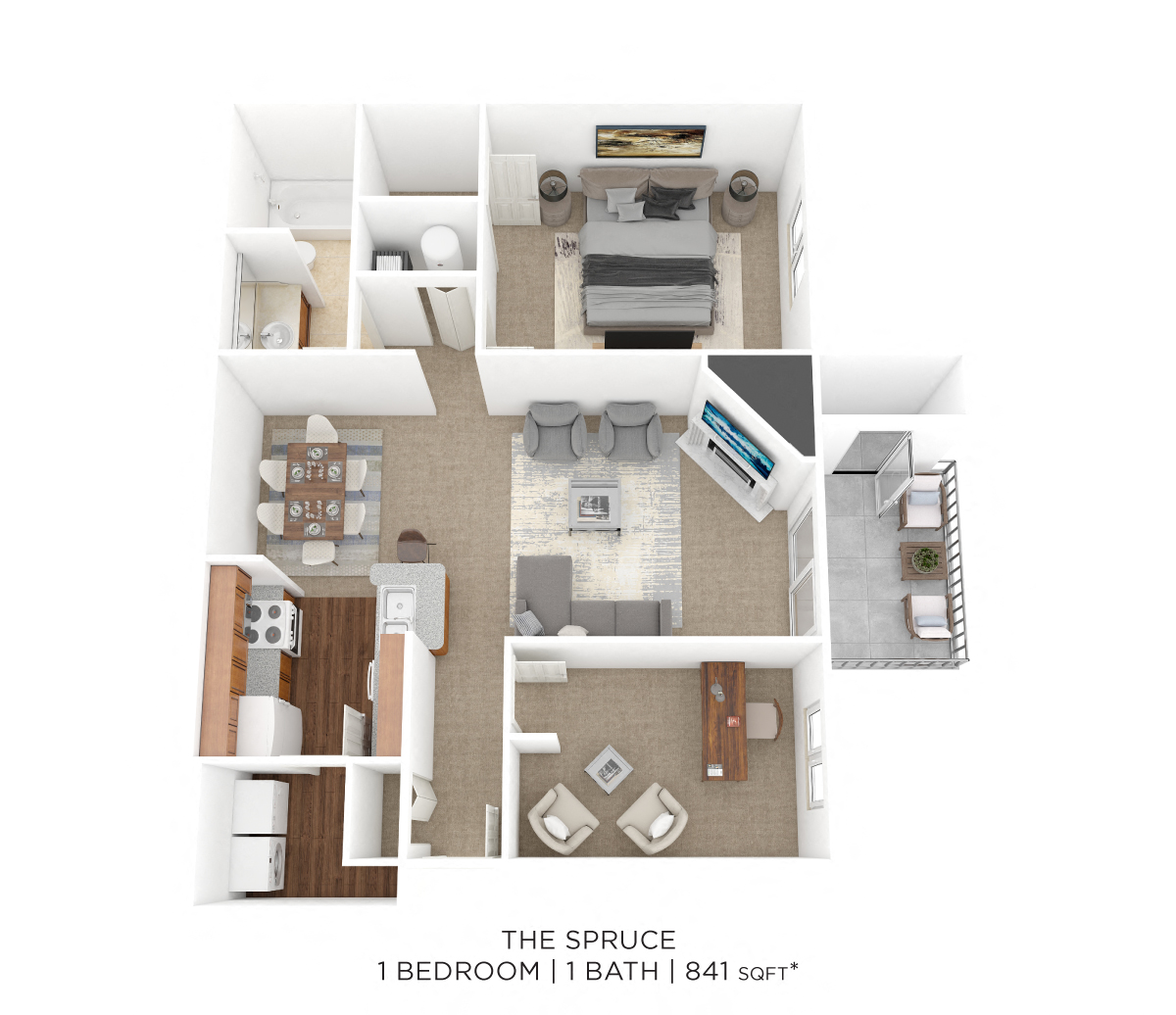 Floor plan for 1 bed, 1 bath, 841 sqft