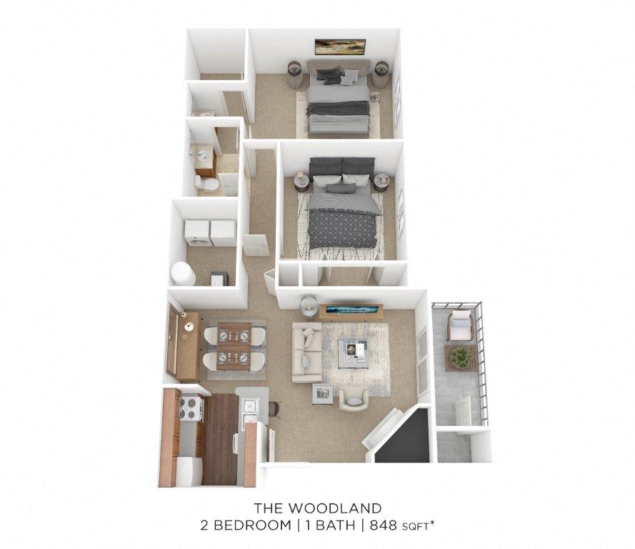 Floor plan for 2 beds, 1 bath, 848 sqft