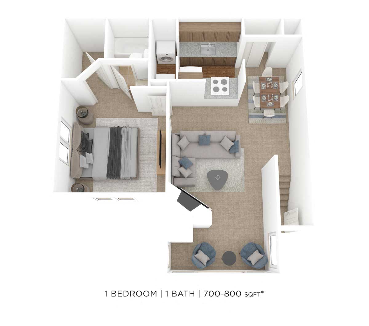 Floor plan for 1 bed, 1 bath, 700 sqft