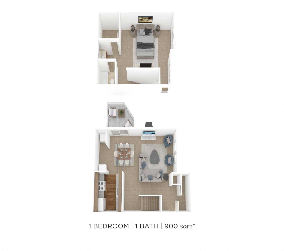 Floor plan for 1 bed, 1 bath, 900 sqft
