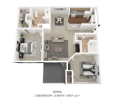 Floor plan for 2 beds, 2 baths, 1028 sqft