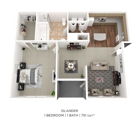 Floor plan for 1 bed, 1 bath, 751 sqft
