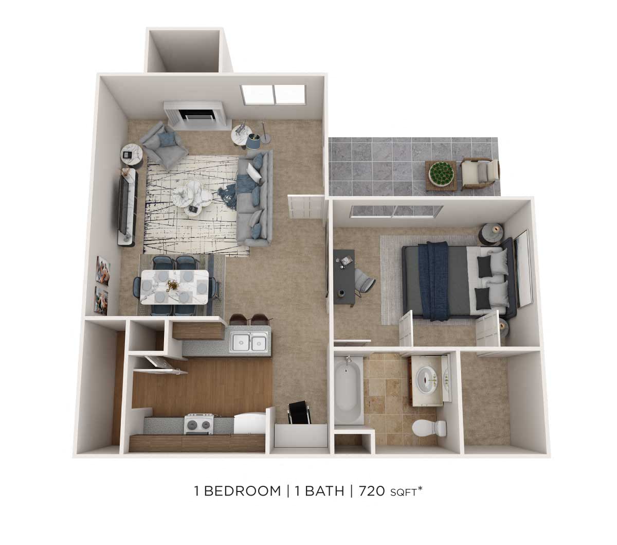 Floor plan for 1 bed, 1 bath, 720 sqft