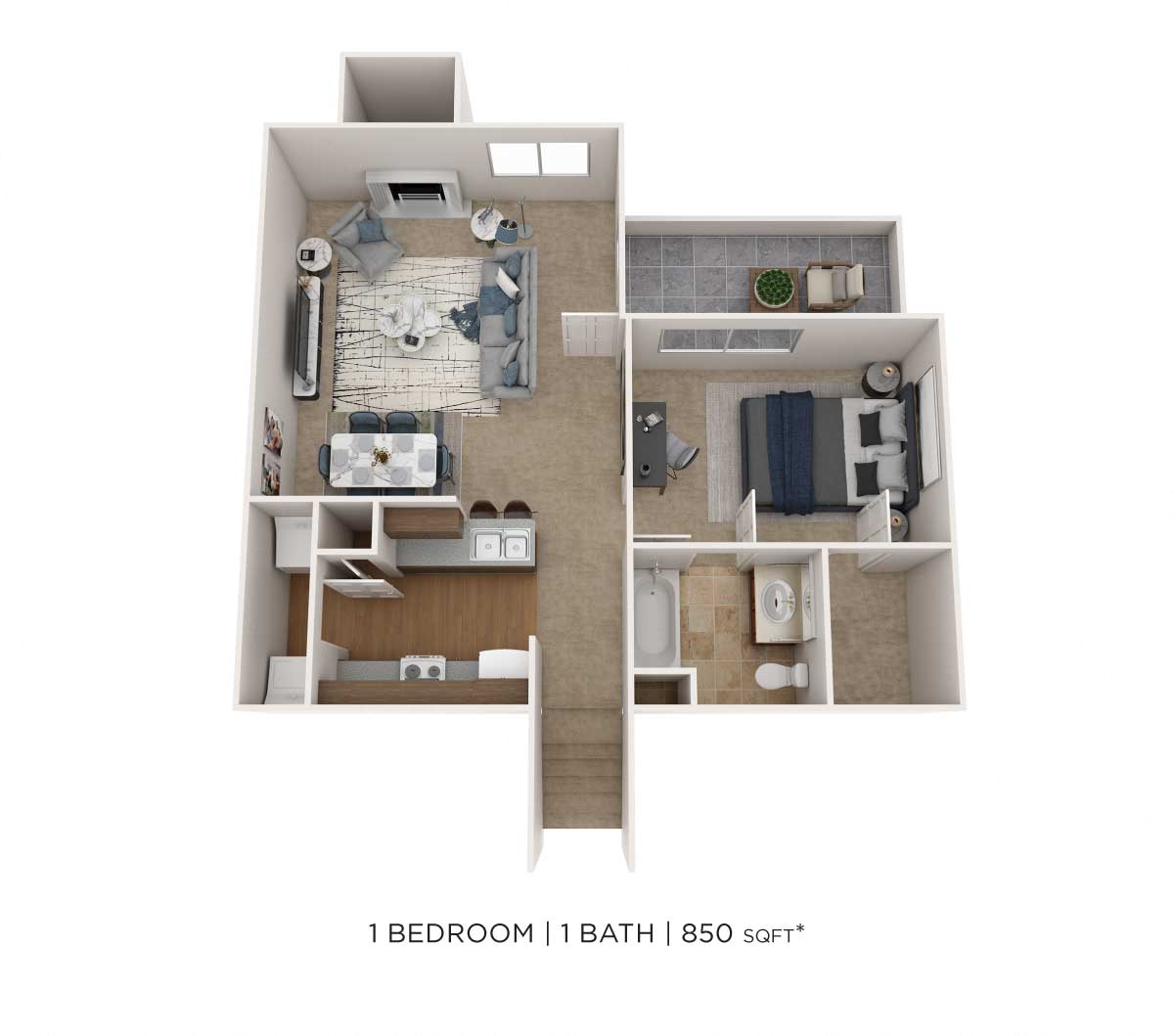 Floor plan for 1 bed, 1 bath, 850 sqft