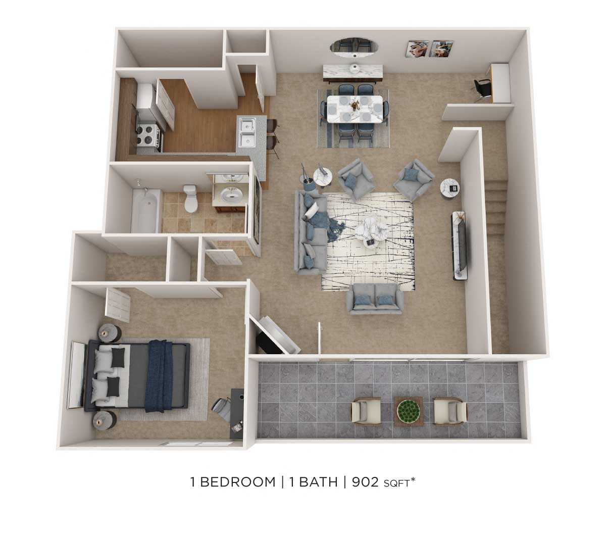 Floor plan for 1 bed, 1 bath, 1022 sqft