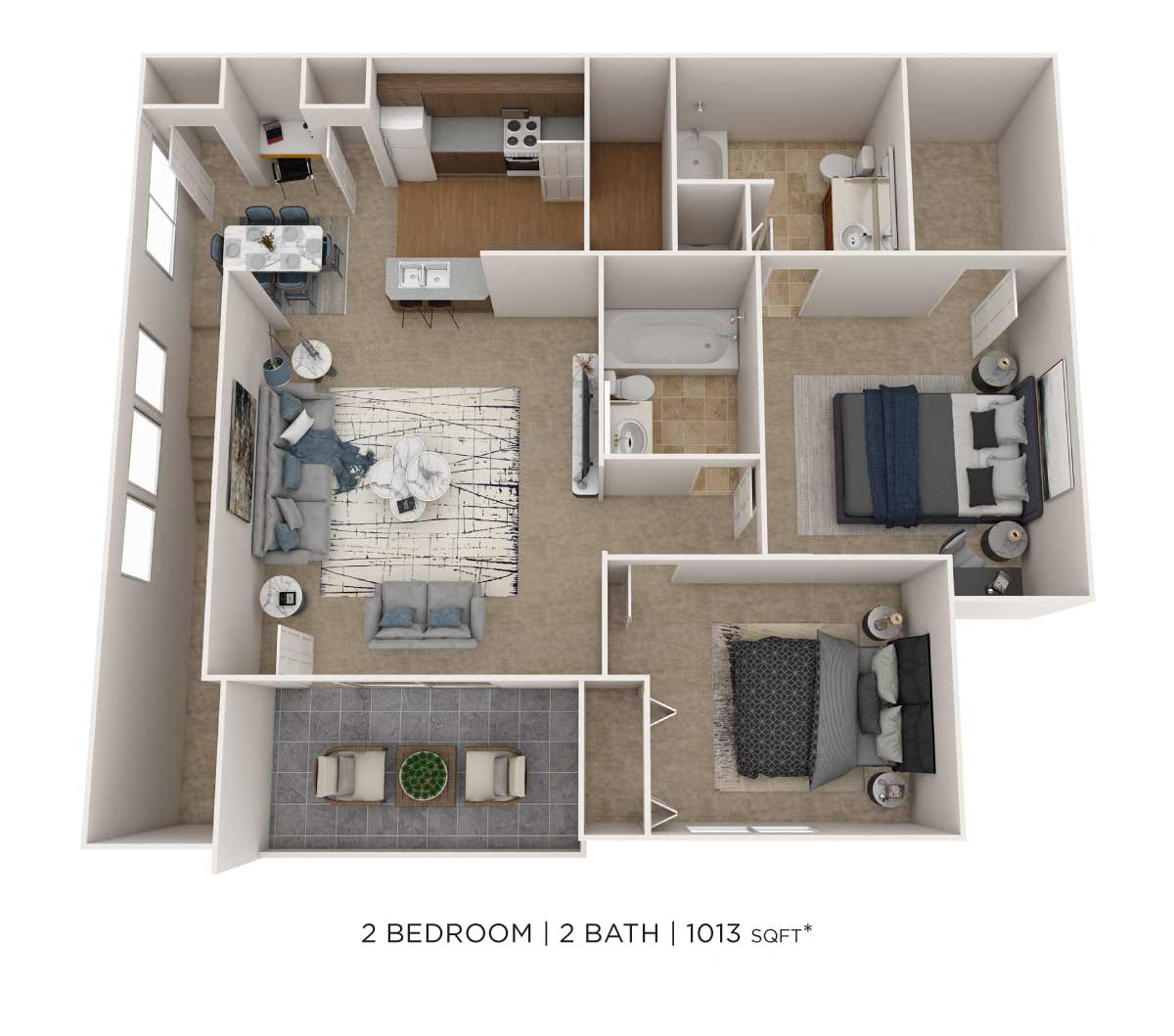 Floor plan for 2 beds, 2 baths, 1164 sqft