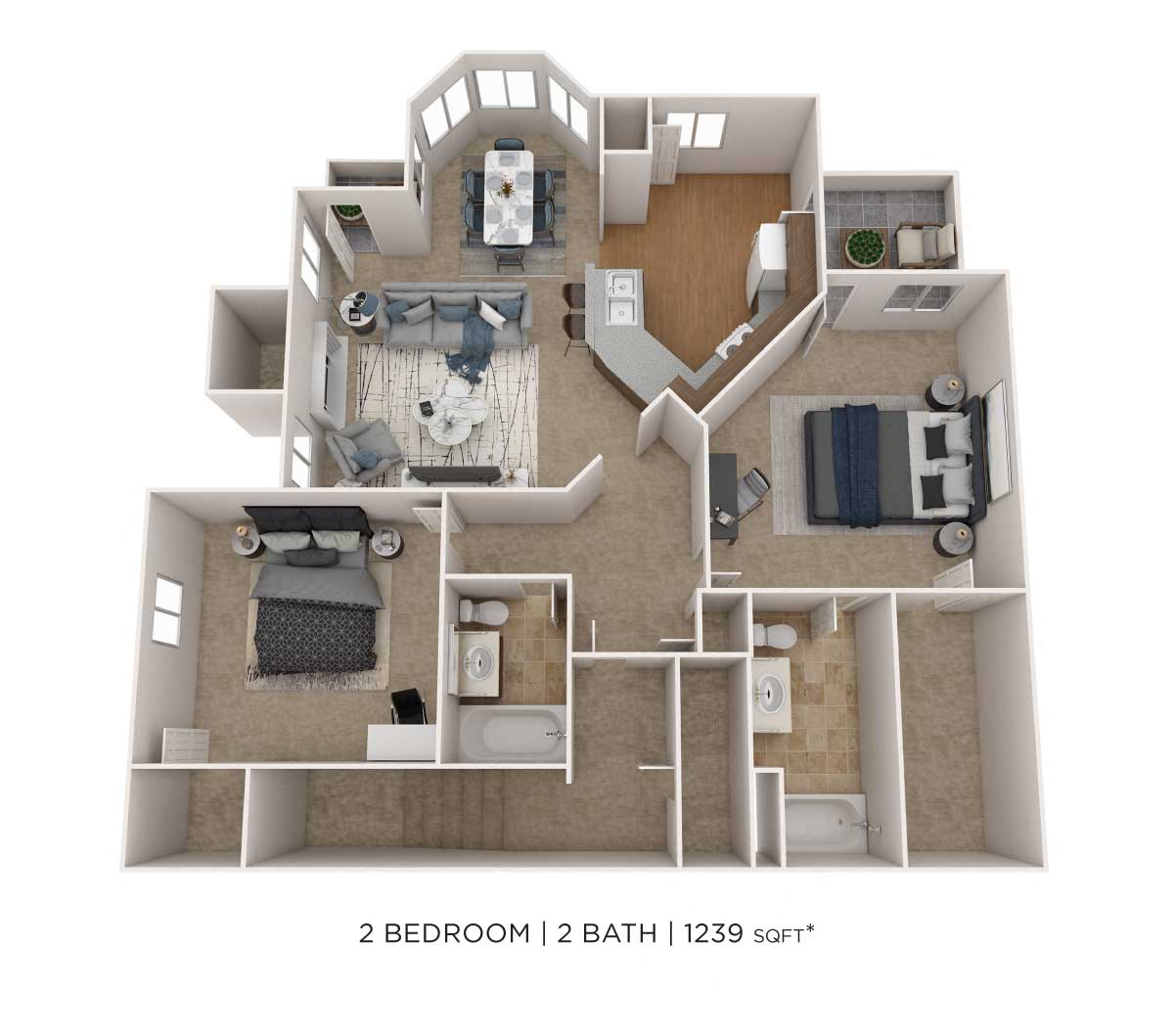 Floor plan for 2 beds, 2 baths, 1282 sqft