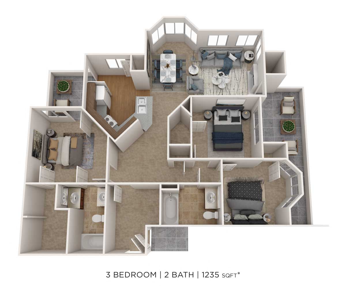 Floor plan for 3 beds, 2 baths, 1343 sqft