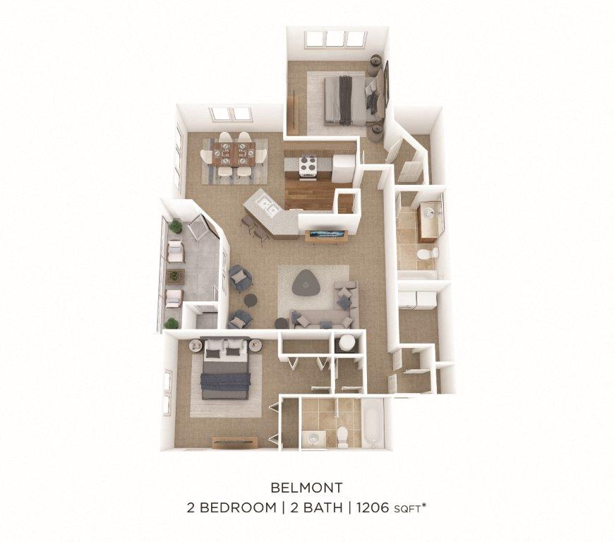 Floor plan for 2 beds, 2 baths, 1206 sqft