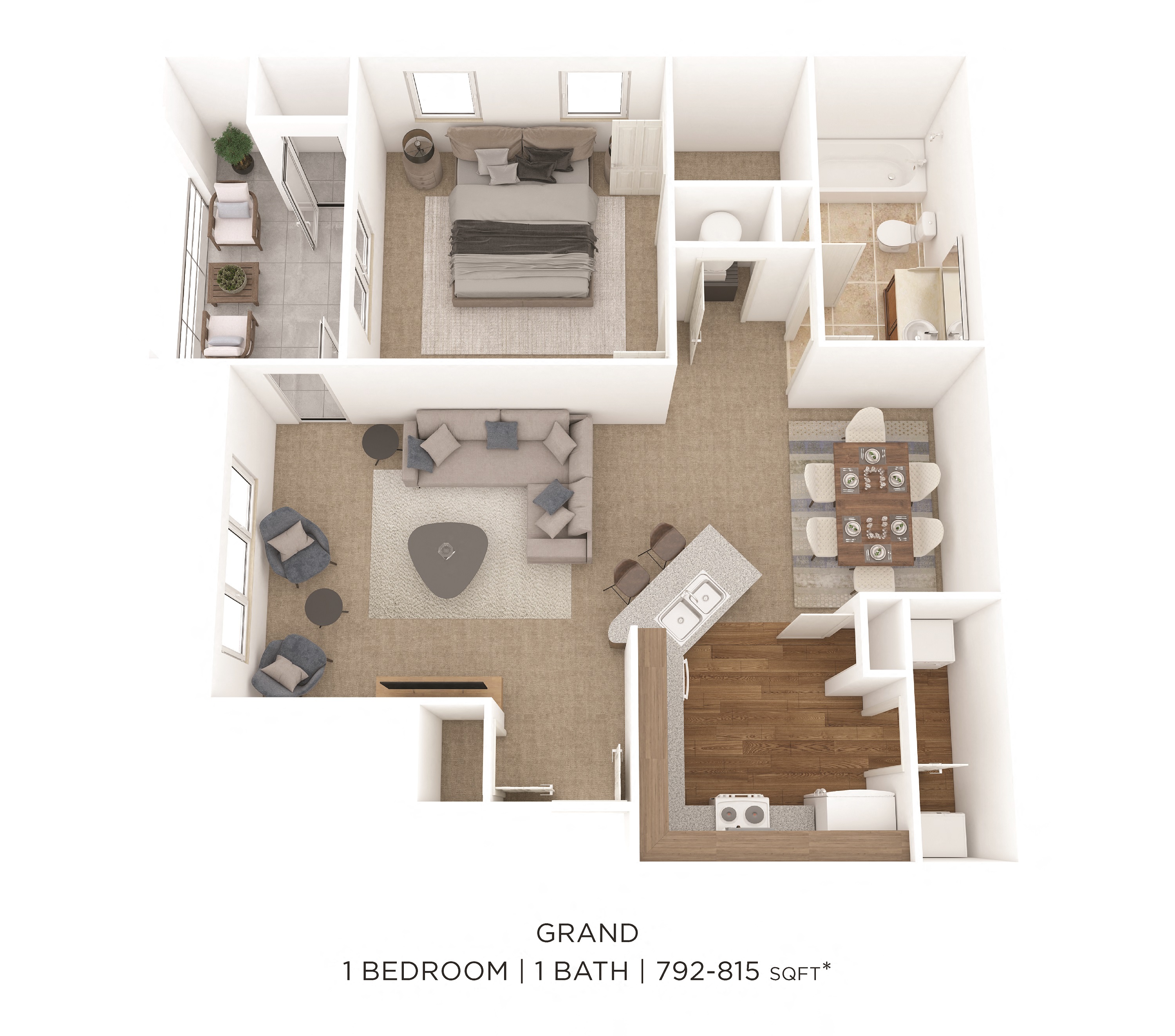 Floor plan for 1 bed, 1 bath, 792 sqft
