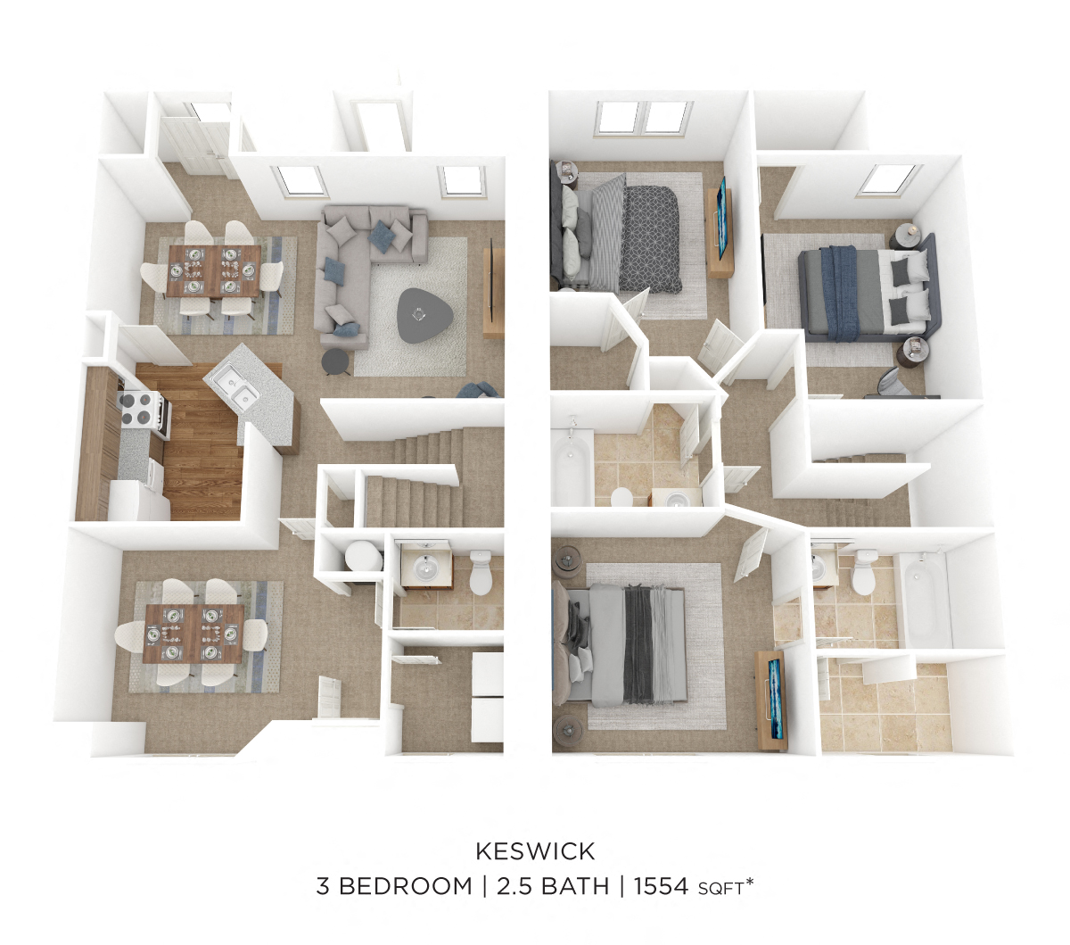 Floor plan for 3 beds, 2.5 baths, 1554 sqft