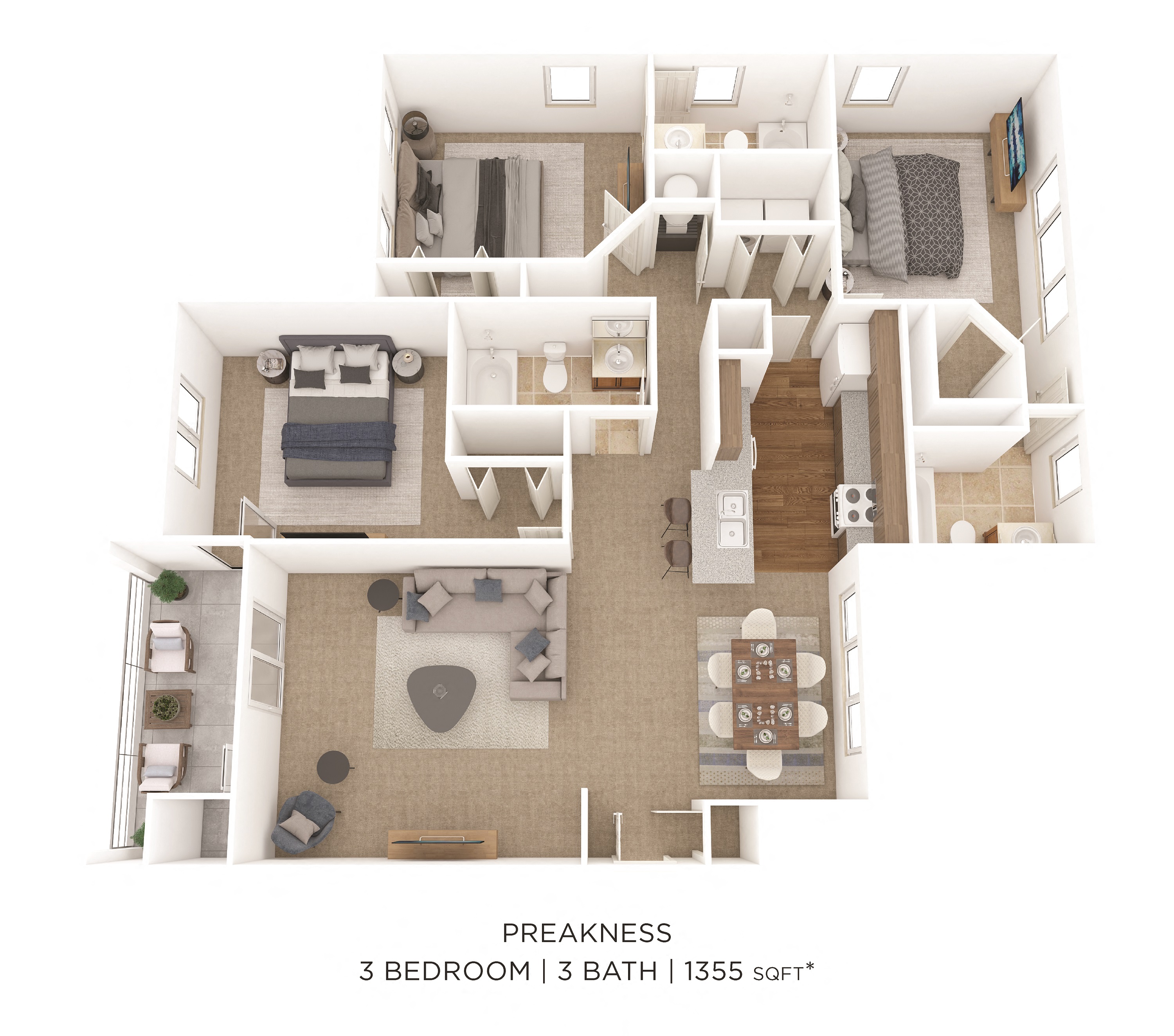 Floor plan for 3 beds, 3 baths, 1355 sqft