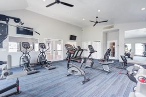 Portage apartment for rent - A gym with a variety of exercise equipment including treadmills, stationary bikes, and weight machines.