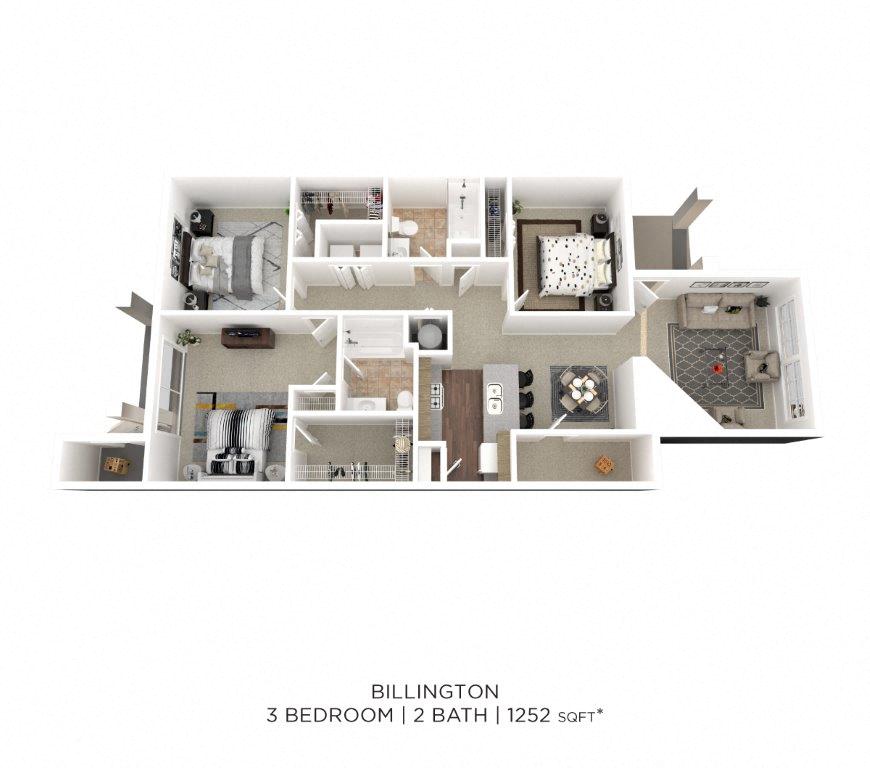 Floor plan for 3 beds, 2 baths, 1252 sqft