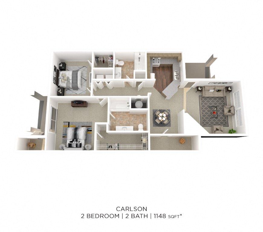 Floor plan for 2 beds, 2 baths, 1181 sqft
