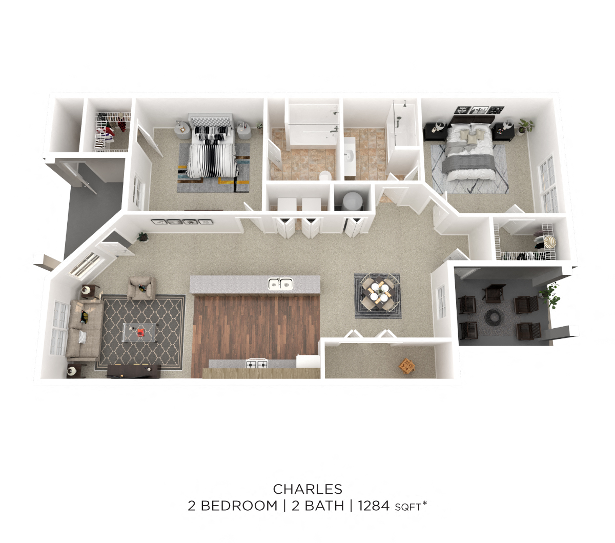 Floor plan for 2 beds, 2 baths, 1334 sqft