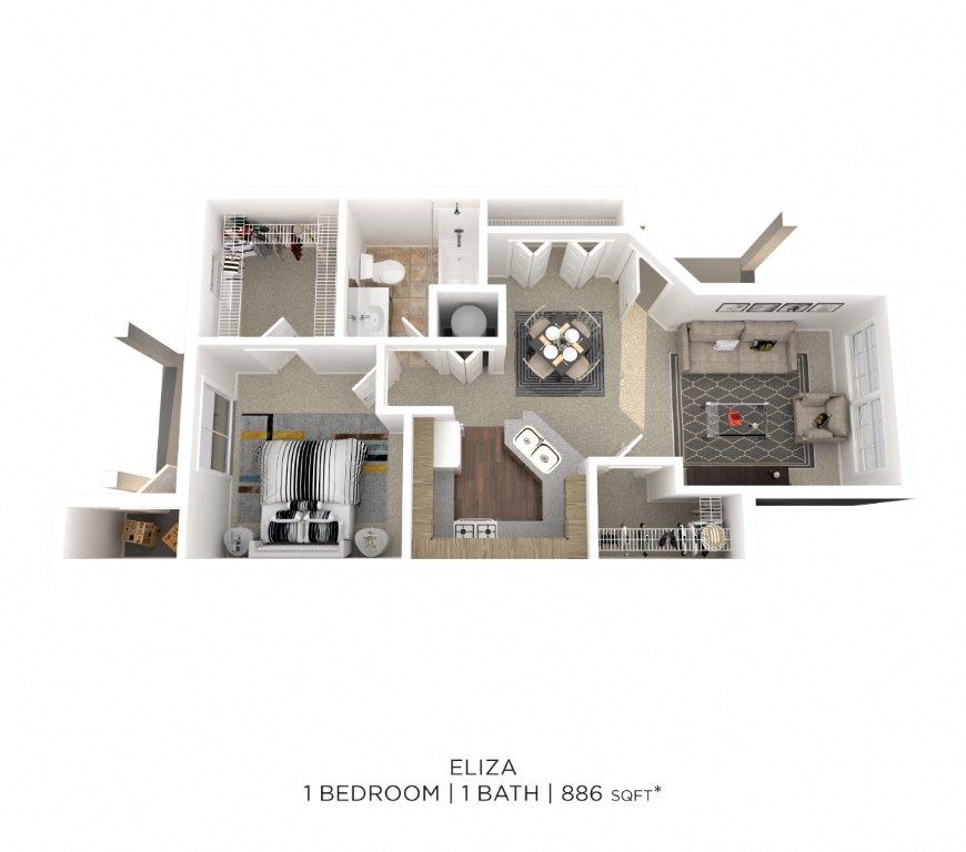 Floor plan for 1 bed, 1 bath, 925 sqft