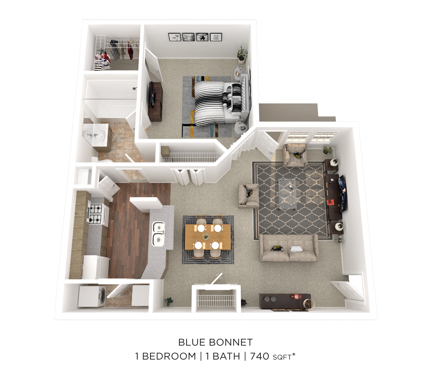 Floor plan for 1 bed, 1 bath, 740 sqft