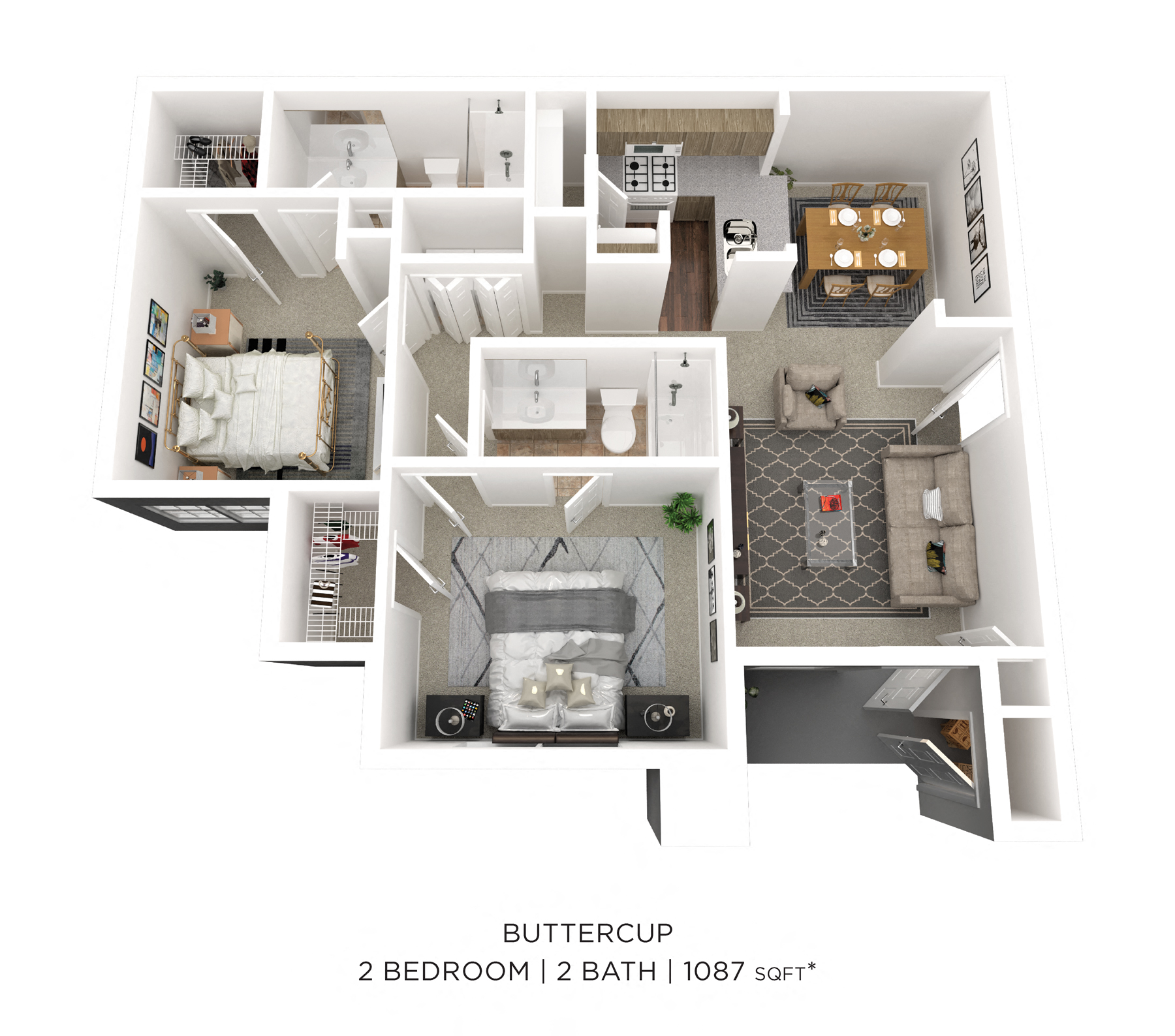 Floor plan for 2 beds, 2 baths, 1087 sqft
