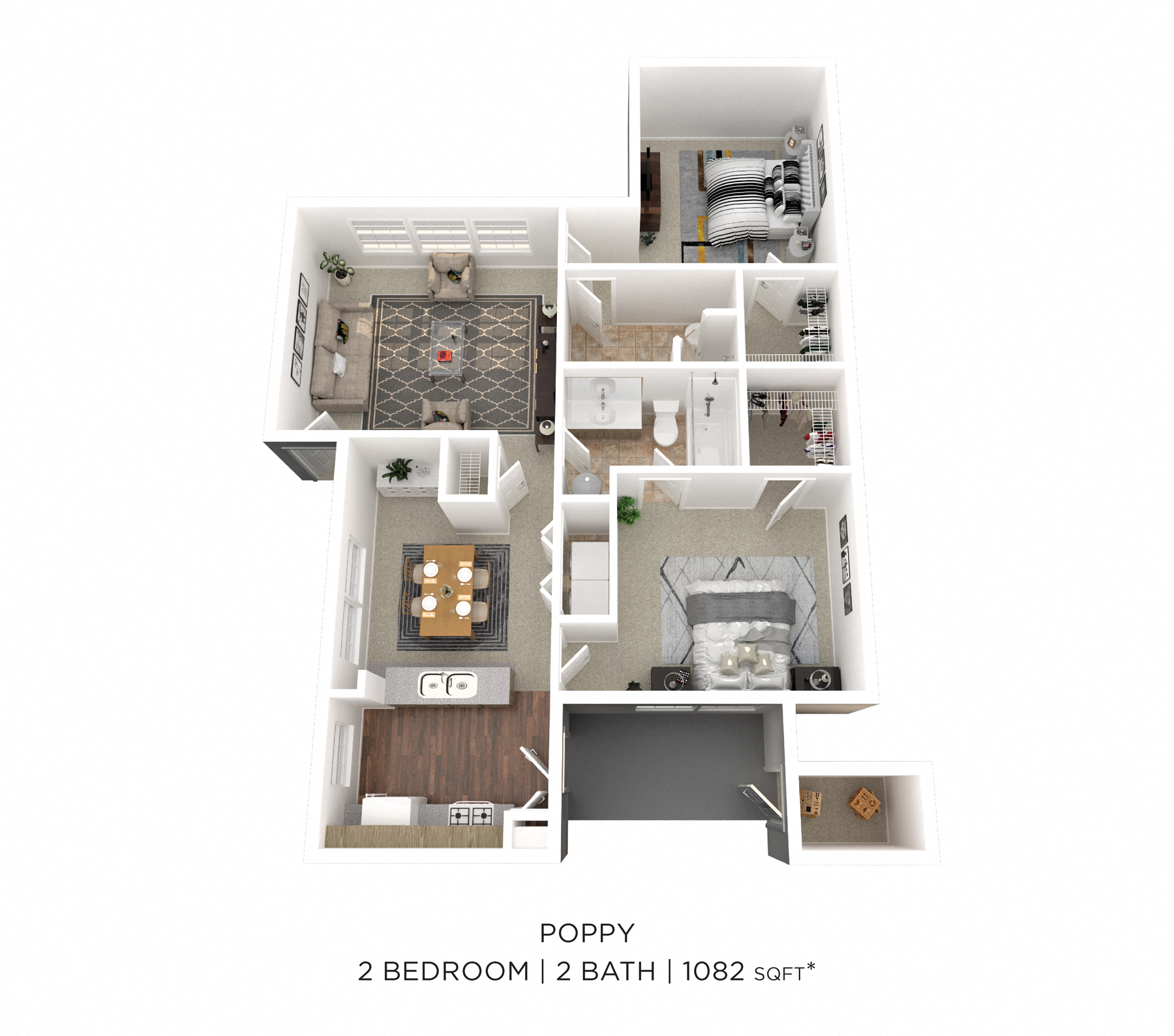 Floor plan for 2 beds, 2 baths, 1082 sqft