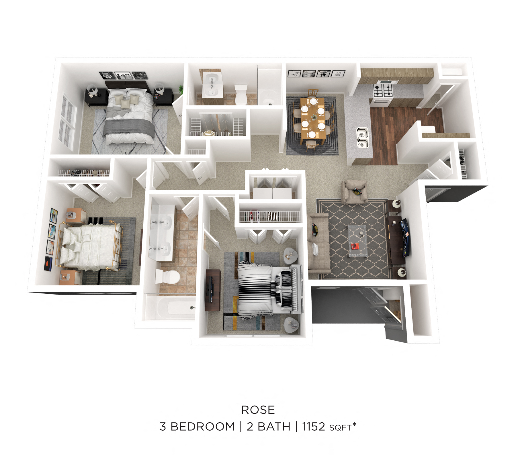 Floor plan for 3 beds, 2 baths, 1152 sqft