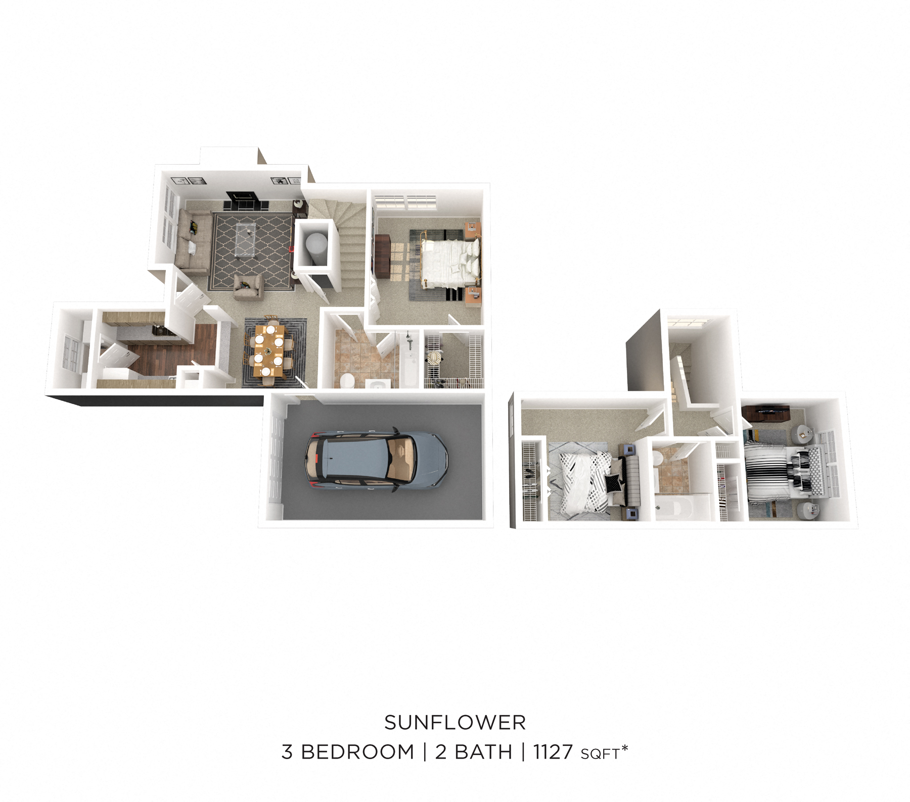 Floor plan for 3 beds, 2 baths, 1127 sqft