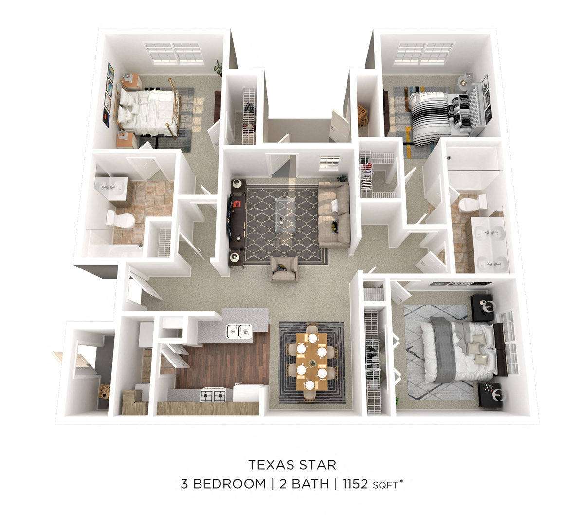 Floor plan for 3 beds, 2 baths, 1152 sqft
