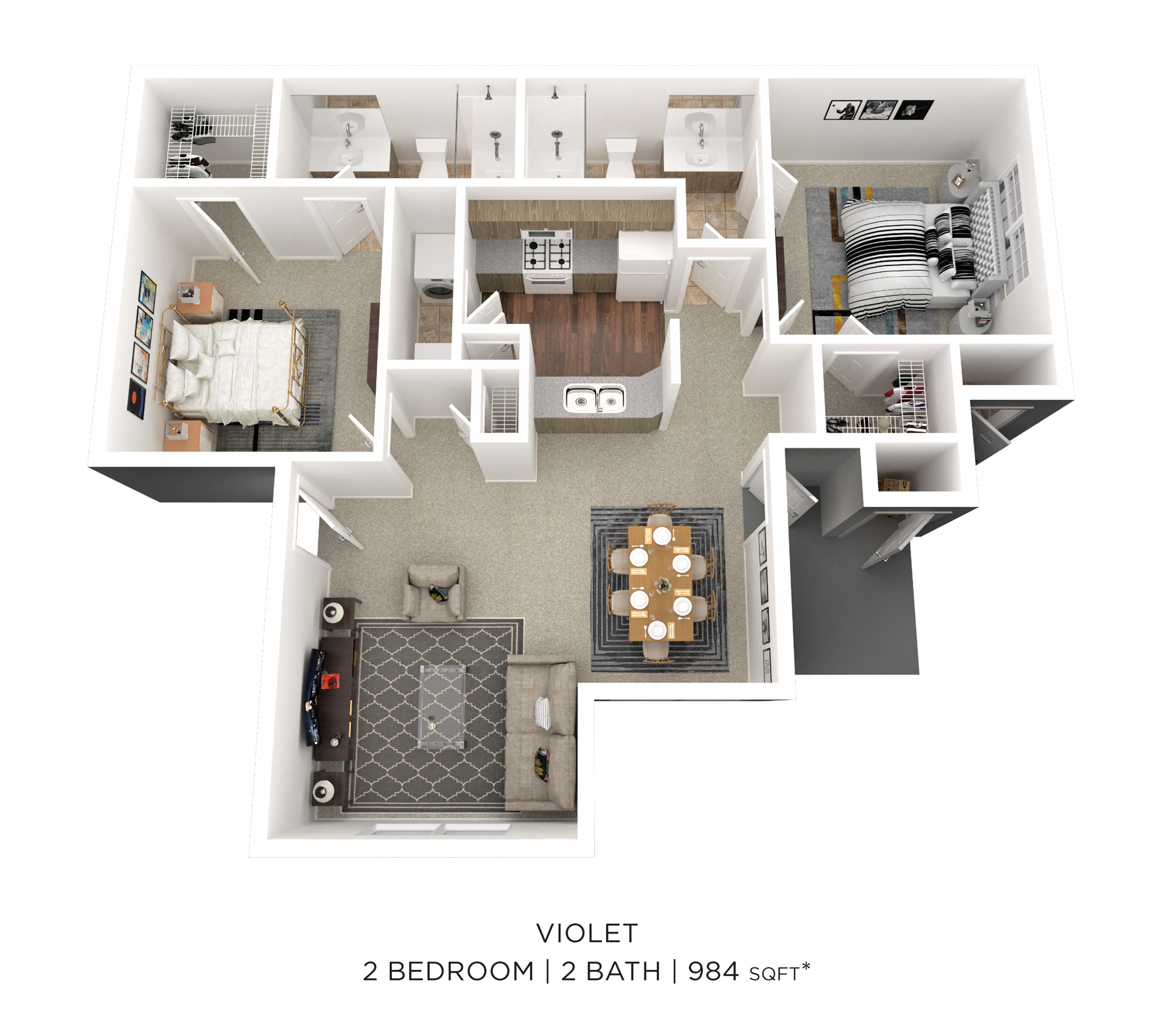 Floor plan for 2 beds, 2 baths, 984 sqft