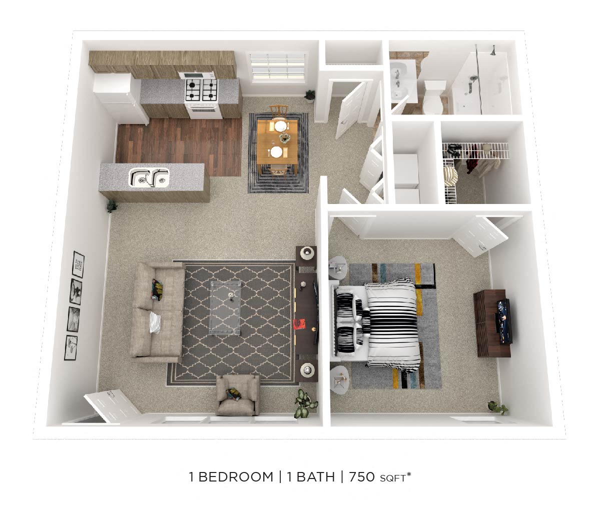 Floor plan for 1 bed, 1 bath, 750 sqft